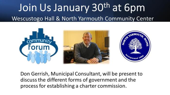Join us Tuesday, January 30th at 6pm for an informational community forum with Municipal Consultant, Don Gerrish, to discuss the different forms of government and the process for establishing a charter commission. 