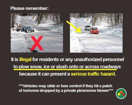  It is against state law to place snow or slush on public ways. This includes plowing *across* town roads.